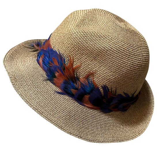 Eugenia Kim Feather Trim Straw Hat Made in USA Size Large - Picture 2 of 7
